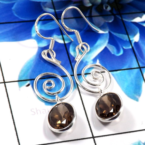 Smokey Quartz Cut E - BZE789-925 Sterling Silver Preety Design Bezel Earrings Handmade Smokey Quartz Cut E - BZE789-925 Sterling Silver Preety Design Bezel Earrings Handmade