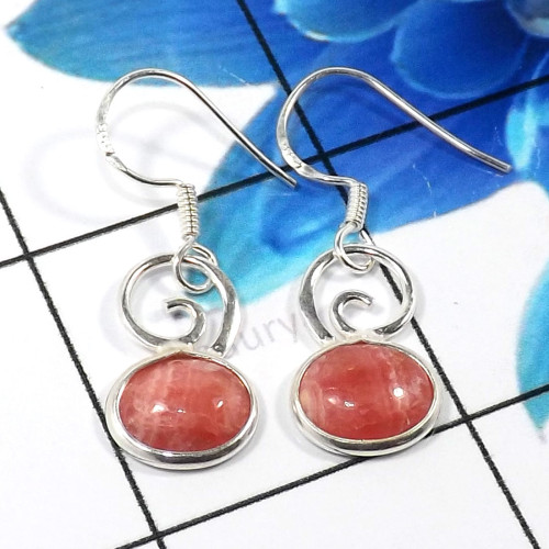 Rhodochrosite E - BZE788-Trendy 925 Sterling Silver Handmade Bezel Earrings Fashio Rhodochrosite E - BZE788-Trendy 925 Sterling Silver Handmade Bezel Earrings Fashio