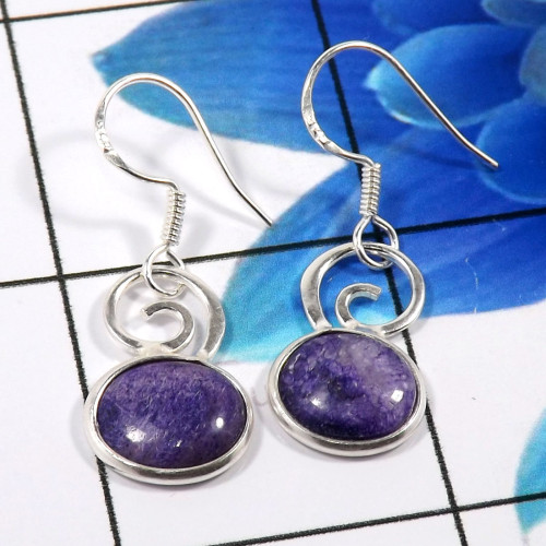 Charoite F - BZE787-Dazzling Company Made 925 Sterling Silver Bezel Earrings 
