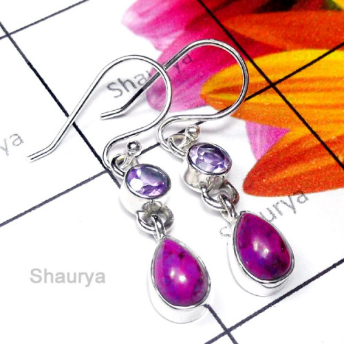 Purple Turquoise B - SDE975-Pretty Design Natural Gemstone Silver Earring