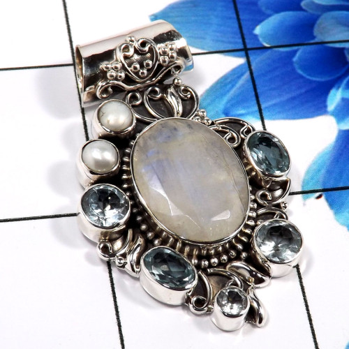 Rainbow Moonstone & Blue Topaz A - SD648-925 Sterling Silver Amazing Handmade Designer Pendant Whol Rainbow Moonstone & Blue Topaz A - SD648-925 Sterling Silver Amazing Handmade Designer Pendant Whol