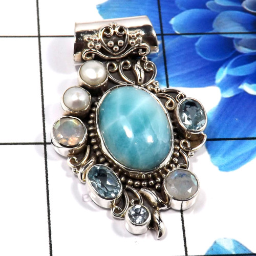 Larimar Cab & Blue Topaz B - SD648-925 Sterling Silver Amazing Handmade Designer Pendant Whol Larimar Cab & Blue Topaz B - SD648-925 Sterling Silver Amazing Handmade Designer Pendant Whol