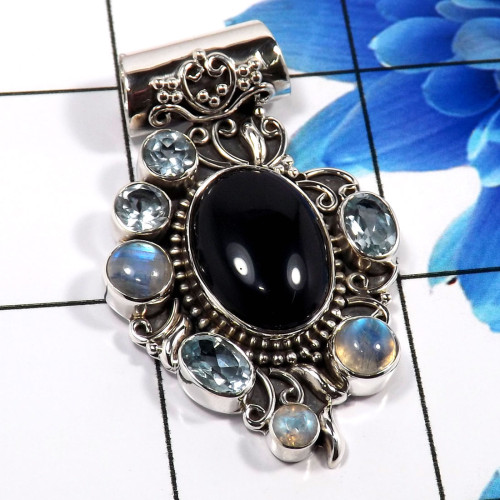 Black Onyx cab & Blue Topaz C - SD648-925 Sterling Silver Amazing Handmade Designer Pendant Whol Black Onyx cab & Blue Topaz C - SD648-925 Sterling Silver Amazing Handmade Designer Pendant Whol