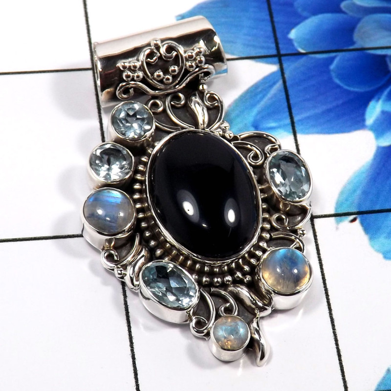 Black Onyx cab & Blue Topaz C - SD648-925 Sterling Silver Amazing Handmade Designer Pendant Whol