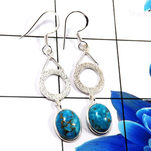 Blue Copper Turquoise B - BZE783-925 Sterling Silver Natural Designs Fashionable Bezel Ear