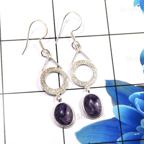 Charoite C - BZE783-925 Sterling Silver Natural Designs Fashionable Bezel Ear