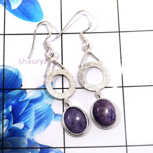 Charoite H - BZE783-925 Sterling Silver Natural Designs Fashionable Bezel Ear