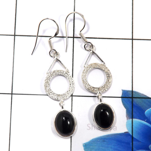 Black Onyx I - BZE783-925 Sterling Silver Natural Designs Fashionable Bezel Ear