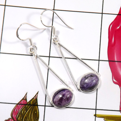 Charoite D - BZE774-Glorious 925 Sterling Silver Factory Made Bezel Earrings Charoite D - BZE774-Glorious 925 Sterling Silver Factory Made Bezel Earrings