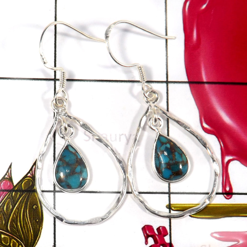 Blue Copper Turquoise G - BZE772-Trendy Look Bezel Earrings 925 Sterling Silver Party Wear Blue Copper Turquoise G - BZE772-Trendy Look Bezel Earrings 925 Sterling Silver Party Wear