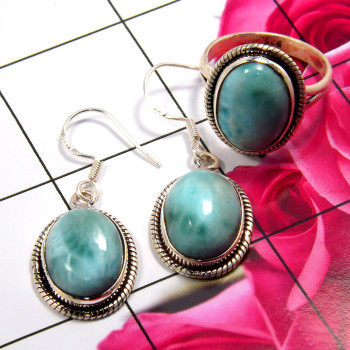 Larimar Cab A - NDS957-925 Sterling Silver Gorgeous Earring & Ring Set Wholesale Larimar Cab A - NDS957-925 Sterling Silver Gorgeous Earring & Ring Set Wholesale
