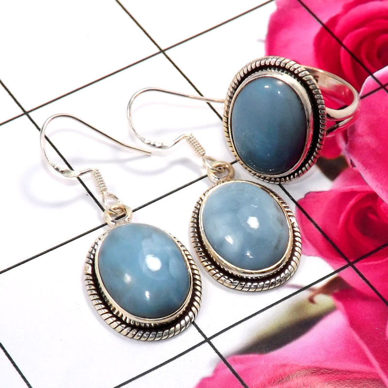 Blue Opal A - NDS956-Stunning Earring & Ring Set Company Made 925 Sterling Sil Blue Opal A - NDS956-Stunning Earring & Ring Set Company Made 925 Sterling Sil