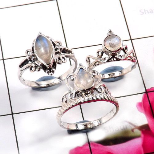 Rainbow Moonstone A - SVP821-925 Sterling Silver Rainbow Moonstone 3 Pcs Set Rings Com
