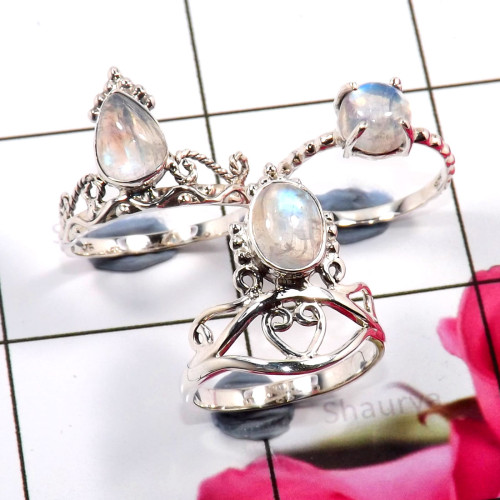 Rainbow Moonstone H - SVP821-925 Sterling Silver Rainbow Moonstone 3 Pcs Set Rings Com