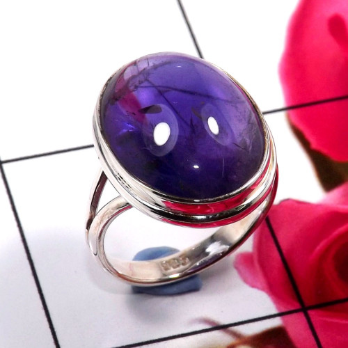 Amethyst Cab A - STK953-Unique Natural Design 925 Sterling Silver Handmade Rings 