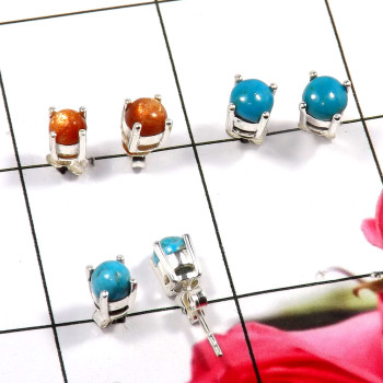Blue Turquoise & Sand Stone B - SSE865-Lovely 925 Sterling Company Made Stud Earrings Wholesale