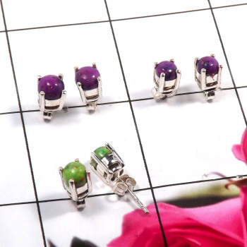 Purple Turquoise & Green Turquoise O - SSE864-Charming Party Look 925 Sterling Silver Stud Earrings Who