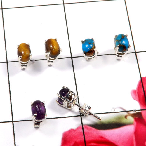 Blue Copper Turquoise,Amethyst Cab & Tiger Eye  A - SSE863-Glamorous Look Design 925 Sterling Silver Stud Earrings W