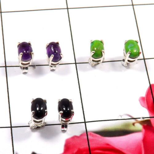 Amethyst Cab,Green Turquoise & Black Onyx Cab B - SSE863-Glamorous Look Design 925 Sterling Silver Stud Earrings W