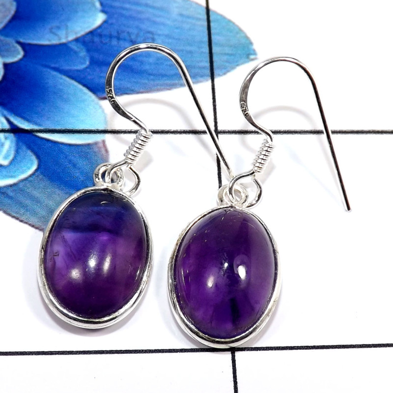 Amethyst Cab D - BZE769-Beautiful Party Look Design 925 Sterling Silver Bezel Ear Amethyst Cab D - BZE769-Beautiful Party Look Design 925 Sterling Silver Bezel Ear