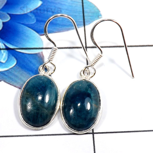 Neon Blue Apatite O - BZE769-Beautiful Party Look Design 925 Sterling Silver Bezel Ear