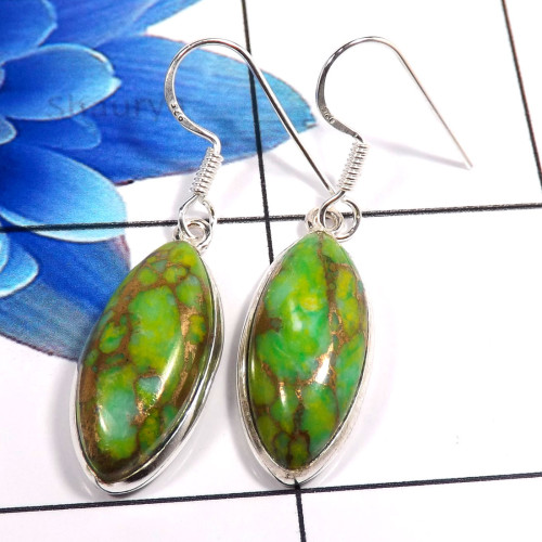 Green Copper Turquoise A - BZE767-925 Sterling Silver Stunning Factory Wholesale Bezel Earr