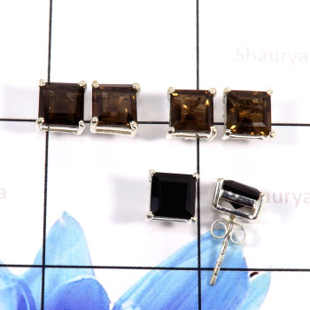 Smokey Cut & Black Onyx B - SSE862-Graceful Wholesale 3 Pcs Set Studs Earrings 925 Sterling