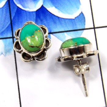 Green Copper Turquoise O - SSE858-Beautiful Handmade Colorful Stud Earrings 925 Sterling Si