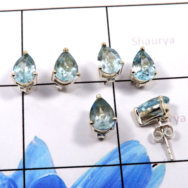Blue Topaz A - SSE857-925 Sterling Silver Beautiful 3 Pair Set Wholesale Stud E Blue Topaz A - SSE857-925 Sterling Silver Beautiful 3 Pair Set Wholesale Stud E