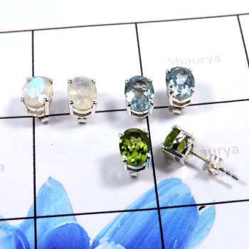 Peridot,Rainbow Moonstone & Blue Topaz E - SSE856-Glamorous 3 Pair Set Studs Earrings 925 Sterling Silver W