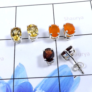 Carnelian , Citrine Cut G - SSE856-Glamorous 3 Pair Set Studs Earrings 925 Sterling Silver W