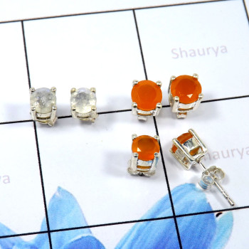 Carnelian & Rainbow Moonstone H - SSE856-Glamorous 3 Pair Set Studs Earrings 925 Sterling Silver W