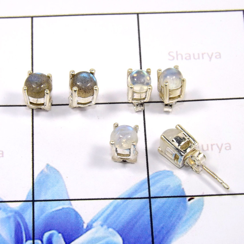 Rainbow Moonstone J - SSE856-Glamorous 3 Pair Set Studs Earrings 925 Sterling Silver W Rainbow Moonstone J - SSE856-Glamorous 3 Pair Set Studs Earrings 925 Sterling Silver W