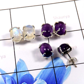 Amethyst & Rainbow Moonstone D - SSE854-Glorious Prong Setting 3 Pair Set Earrings 925 Sterling S