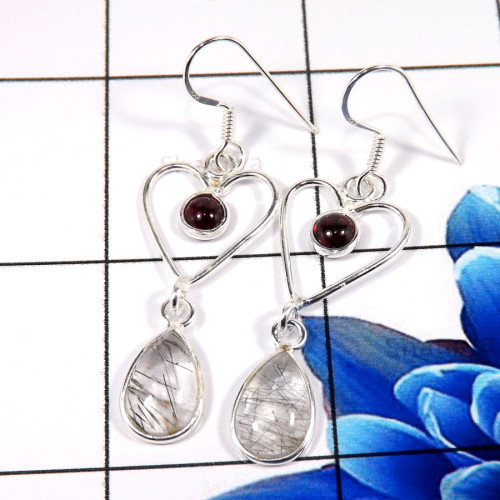 Garnet Cab & Black Rutile D - BZE754-Fabulous 925 Sterling Silver New Design Bezel Earrings Wh