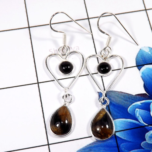 Black Onyx & Chestolite Cab O - BZE754-Fabulous 925 Sterling Silver New Design Bezel Earrings Wh