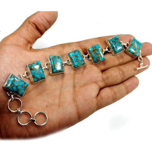 Blue Copper Turquoise E - SHS999-Gorgeous 925 Sterling Silver Handmade Bracelets Company W