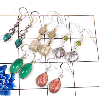 Blue Copper Turquoise,Fossil Coral,Green Onyx,Rhodochrosite F - WHS988-Amazing 5 Pair Handmade Christmas Offer Earrings 925 Ster