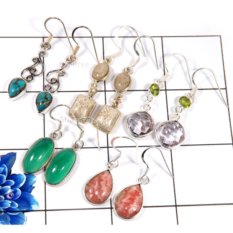Blue Copper Turquoise,Fossil Coral,Green Onyx,Rhodochrosite F - WHS988-Amazing 5 Pair Handmade Christmas Offer Earrings 925 Ster Blue Copper Turquoise,Fossil Coral,Green Onyx,Rhodochrosite F - WHS988-Amazing 5 Pair Handmade Christmas Offer Earrings 925 Ster