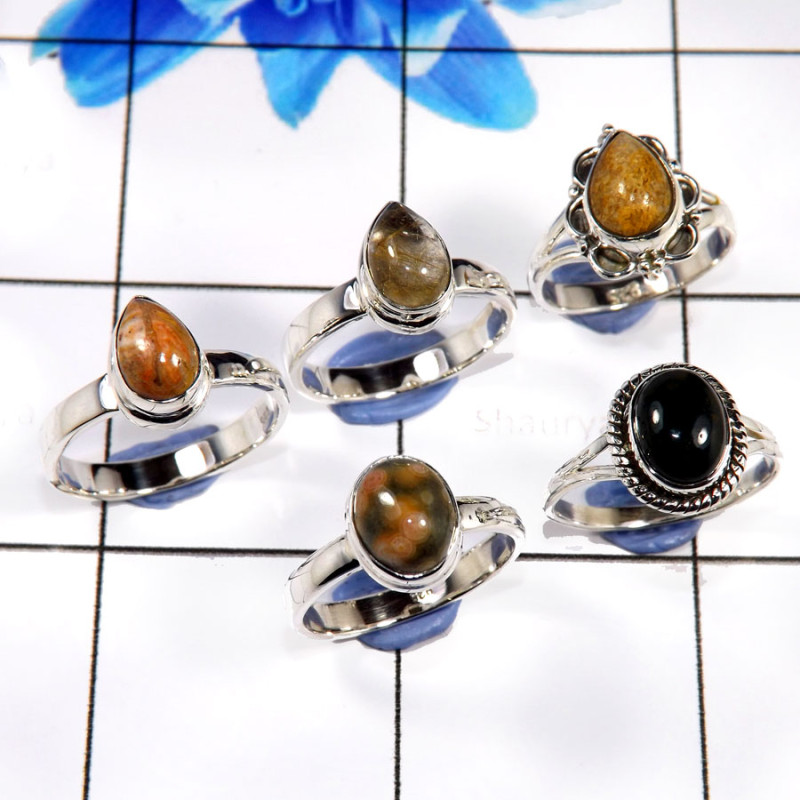 Ocean Jasper,Fossil Coral,Golden Rutile F - WHS986-Beautiful 5 Pcs Company Made Designer Rings 925 Sterling Ocean Jasper,Fossil Coral,Golden Rutile F - WHS986-Beautiful 5 Pcs Company Made Designer Rings 925 Sterling