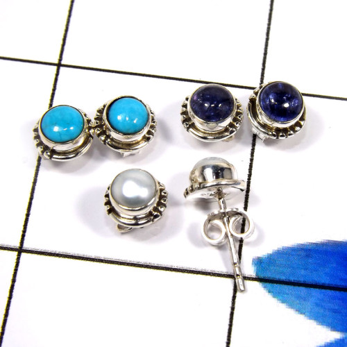 Pearl,Tanzanite & Lapis  A - CMJ883-925 Sterling Silver Fabulous Three Pair Designer Stud Ear