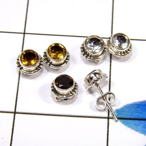 Citrine Cut,Smokey Cut & Crystal B - CMJ883-925 Sterling Silver Fabulous Three Pair Designer Stud Ear