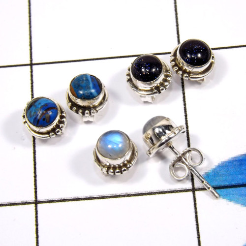 Rainbow Calsilica,Rainbow Moonstone & Sand Stone D - CMJ883-925 Sterling Silver Fabulous Three Pair Designer Stud Ear