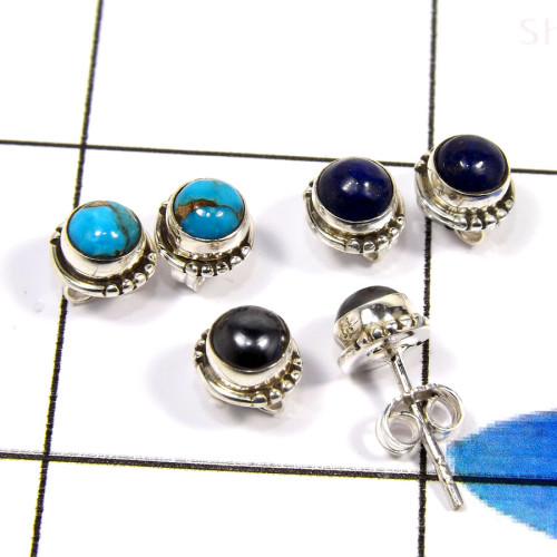 Blue Copper Turquoise,Hematite,Lapis E - CMJ883-925 Sterling Silver Fabulous Three Pair Designer Stud Ear