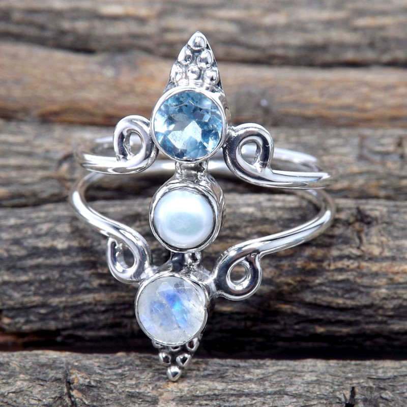 Blue Topaz,Rainbow Moonstone & Pearl A - RSS878-925 Sterling Silver Three Stone Designer Wholesale Rings Blue Topaz,Rainbow Moonstone & Pearl A - RSS878-925 Sterling Silver Three Stone Designer Wholesale Rings