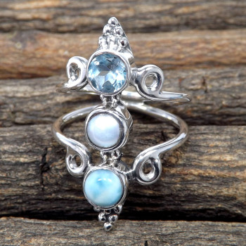 Blue Topaz,Larimar & Pearl F - RSS878-925 Sterling Silver Three Stone Designer Wholesale Rings Blue Topaz,Larimar & Pearl F - RSS878-925 Sterling Silver Three Stone Designer Wholesale Rings
