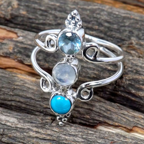 Blue Topaz,Rainbow Moonstone J - RSS878-925 Sterling Silver Three Stone Designer Wholesale Rings Blue Topaz,Rainbow Moonstone J - RSS878-925 Sterling Silver Three Stone Designer Wholesale Rings