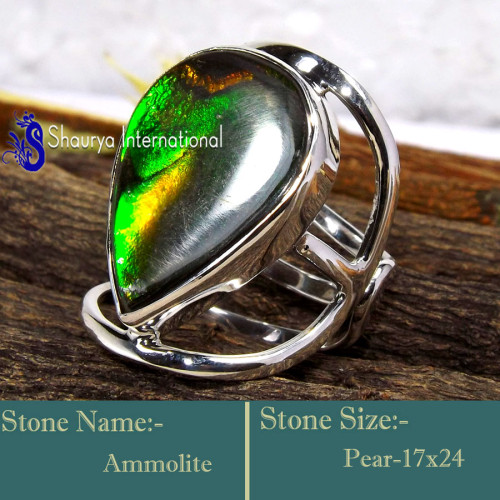 Ammolite Cab D - RSS866-Genuine Gemstones Jewelry Handmade Design Adjustable Ring
