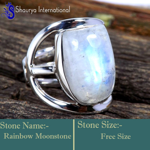 Rainbow Moonstone M - RSS866-Genuine Gemstones Jewelry Handmade Design Adjustable Ring