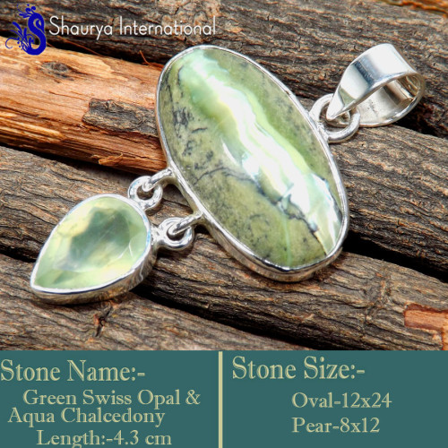 Green Swiss Opal & Aqua Cut E - SSP869-Stunning Preety Designs In Handmade Pendants 925 Sterling